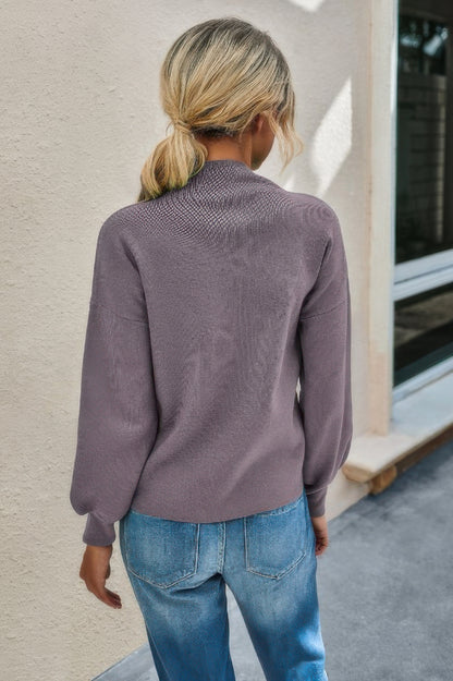 Drop Shoulder Solid Mock Neck Classic Knitted Sweater