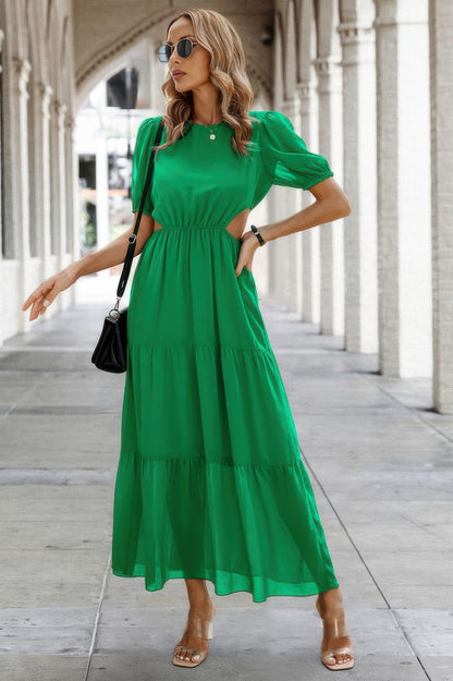 Cut Out Waist Ruffle Hem Puff Sleeves Fit Dress