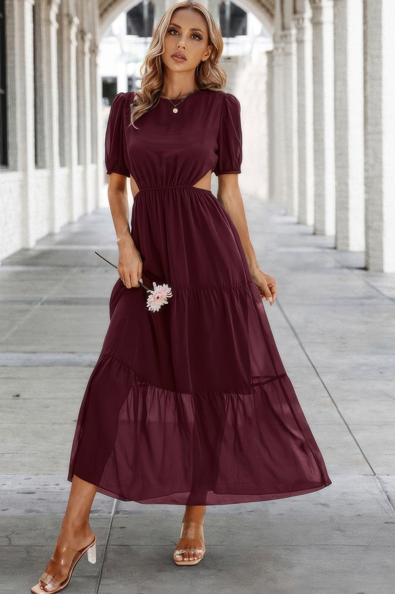 Cut Out Waist Ruffle Hem Puff Sleeves Fit Dress
