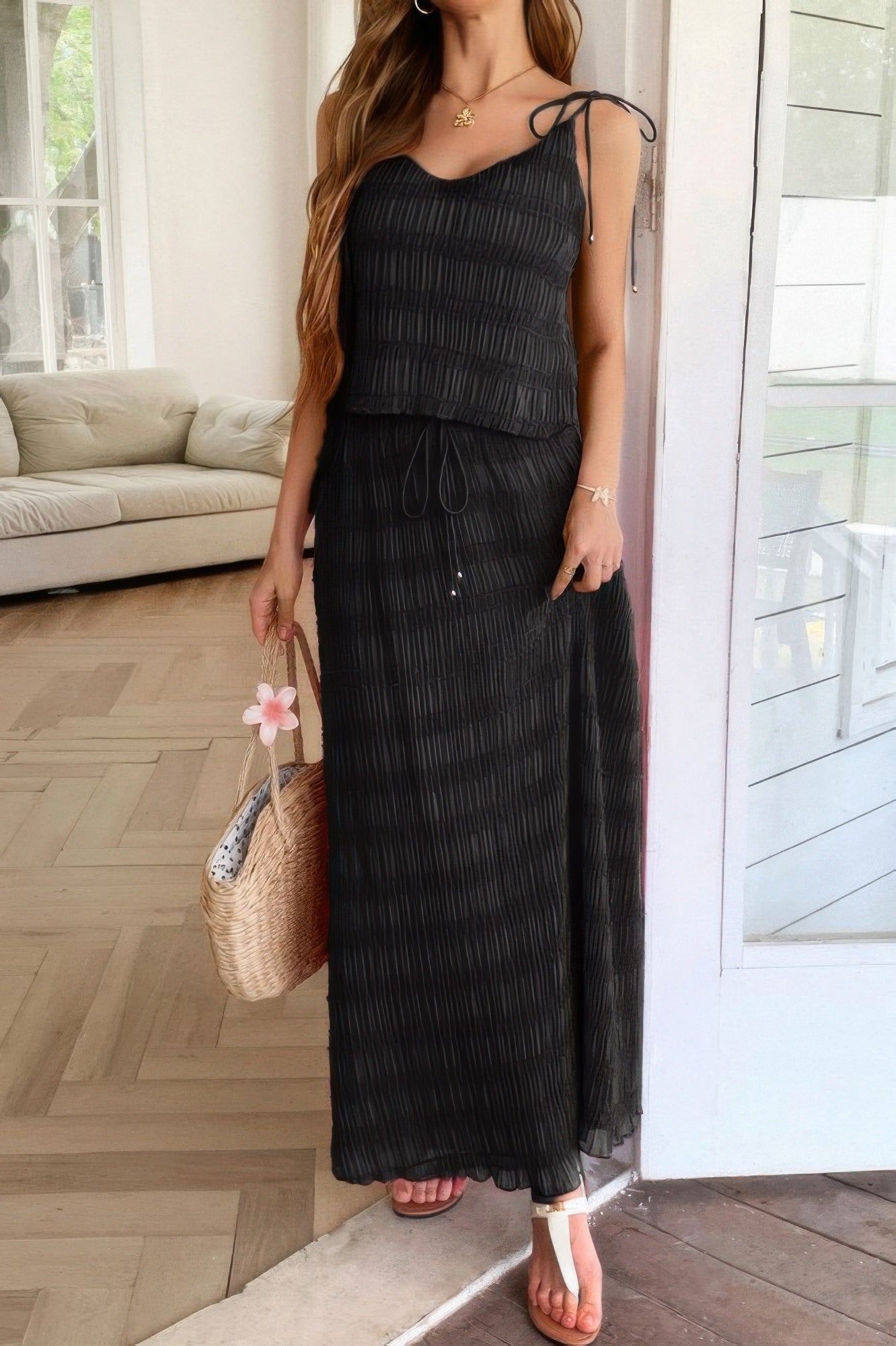 Solid Two Piece Strappy Maxi Skirt Crop Top Set