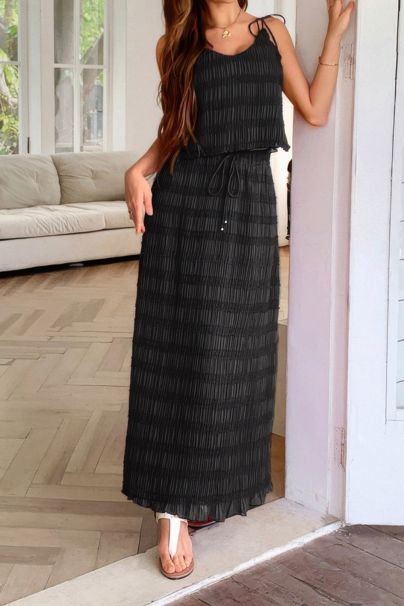 Solid Two Piece Strappy Maxi Skirt Crop Top Set