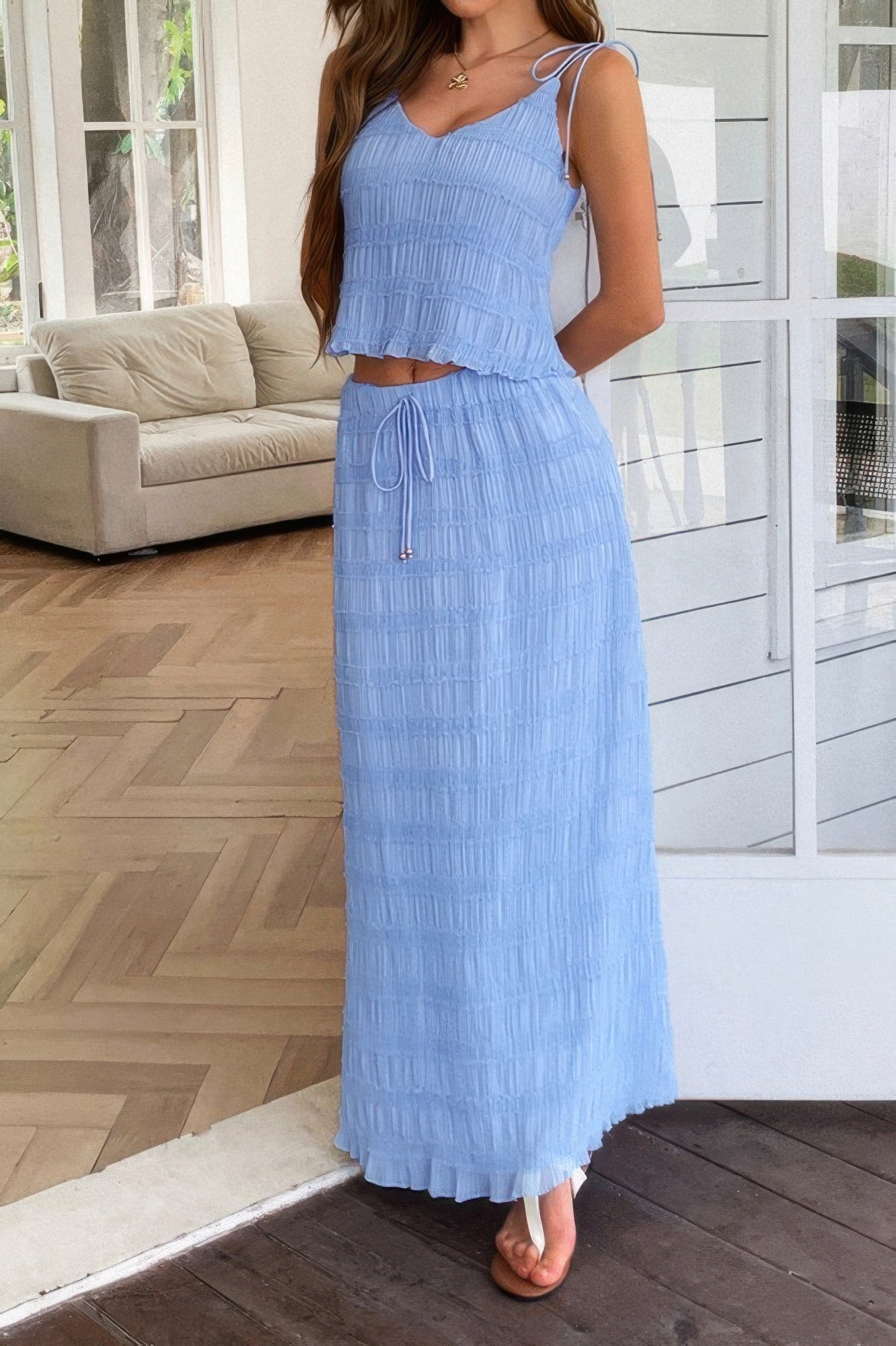 Solid Two Piece Strappy Maxi Skirt Crop Top Set