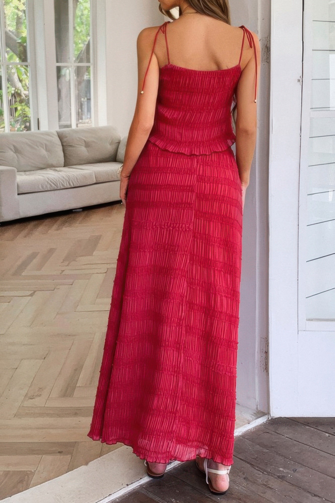 Solid Two Piece Strappy Maxi Skirt Crop Top Set