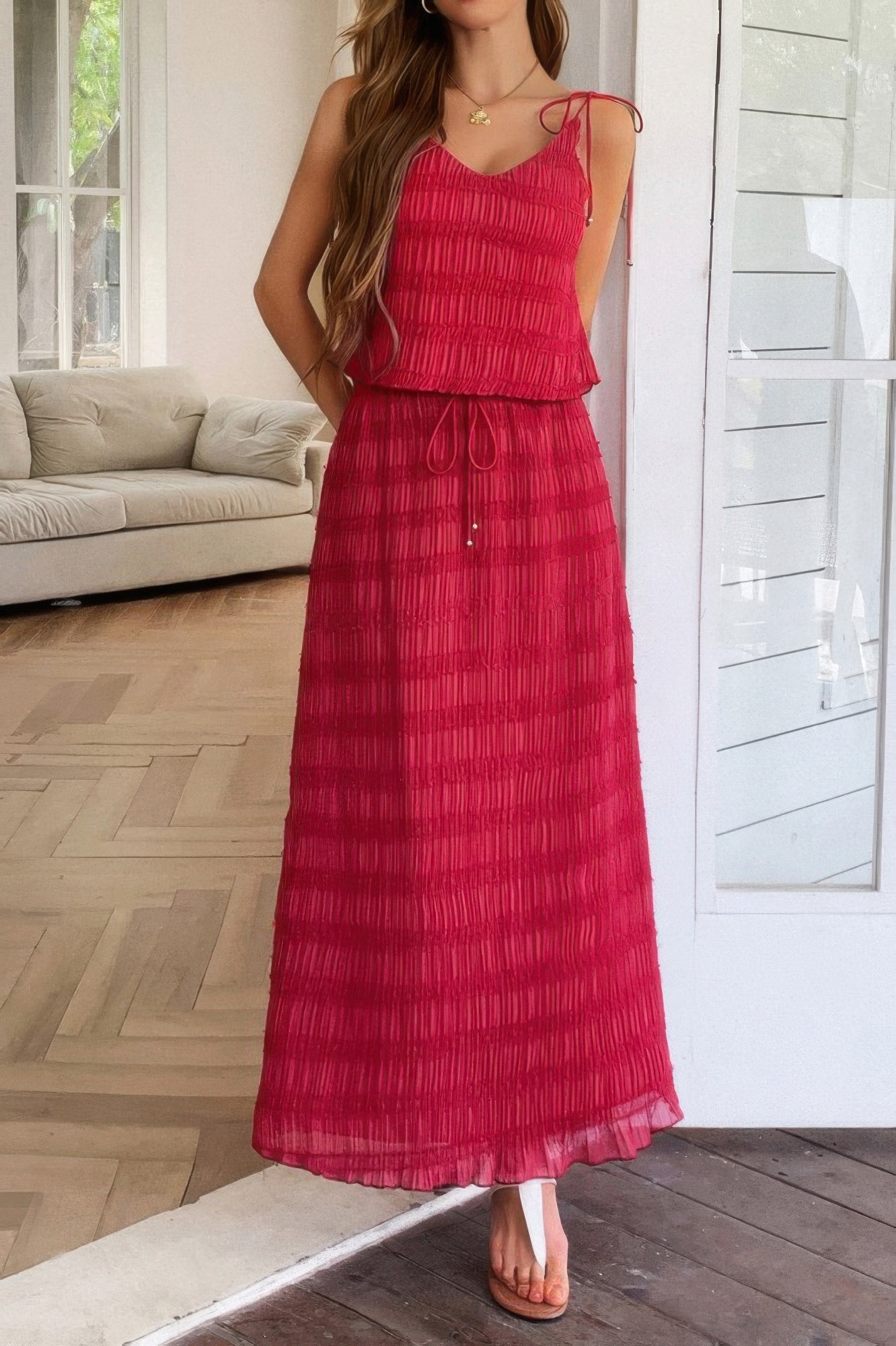 Solid Two Piece Strappy Maxi Skirt Crop Top Set