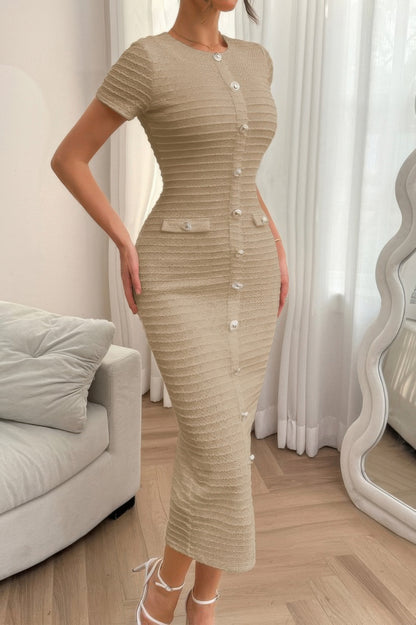Solid Buckle Design Zipper Split Short Sleeve Dress