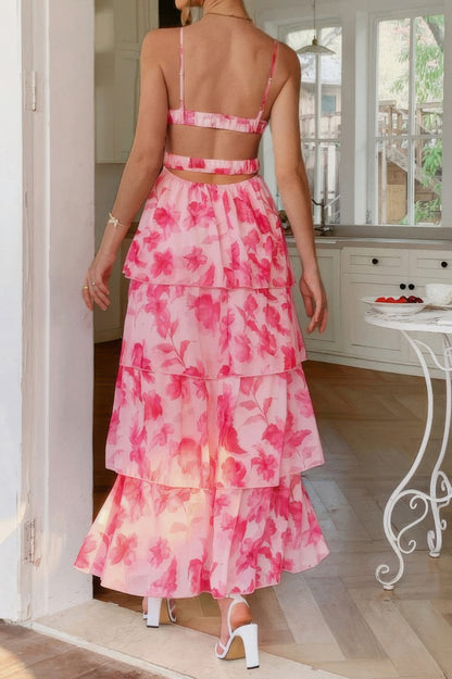 Straps Floral Print V Neck Patchwork Full Dress