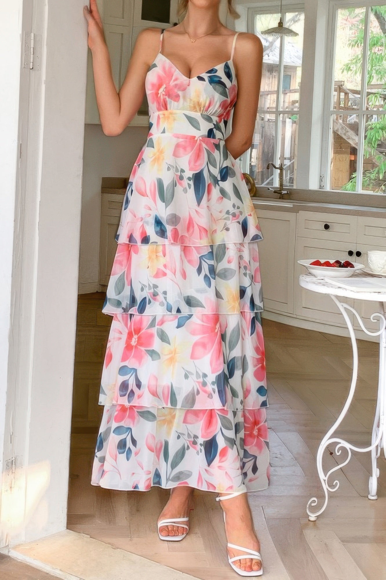 Straps Floral Print V Neck Patchwork Full Dress