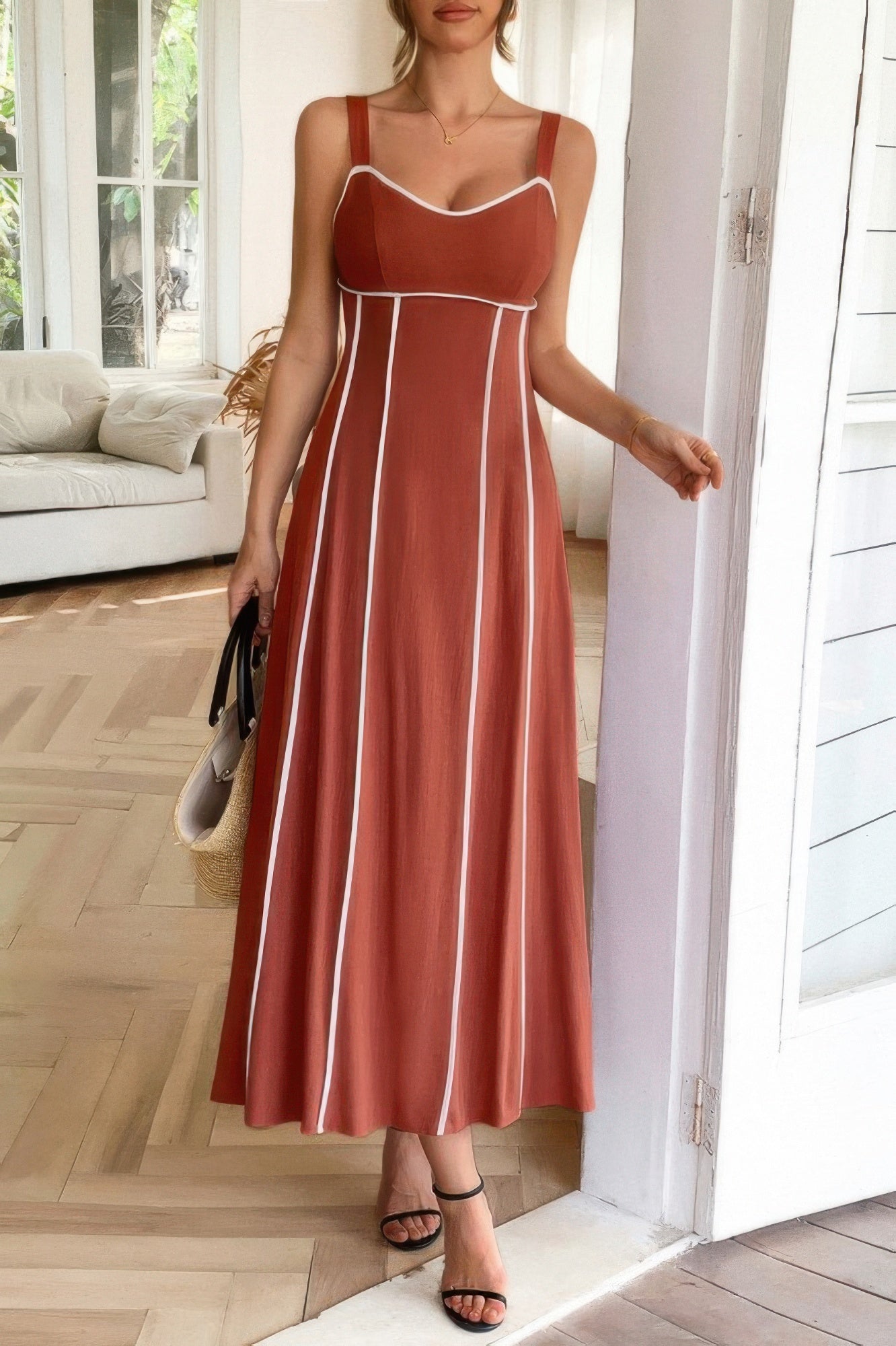 Strip Contrast Binding Linen Blend Cami Dress