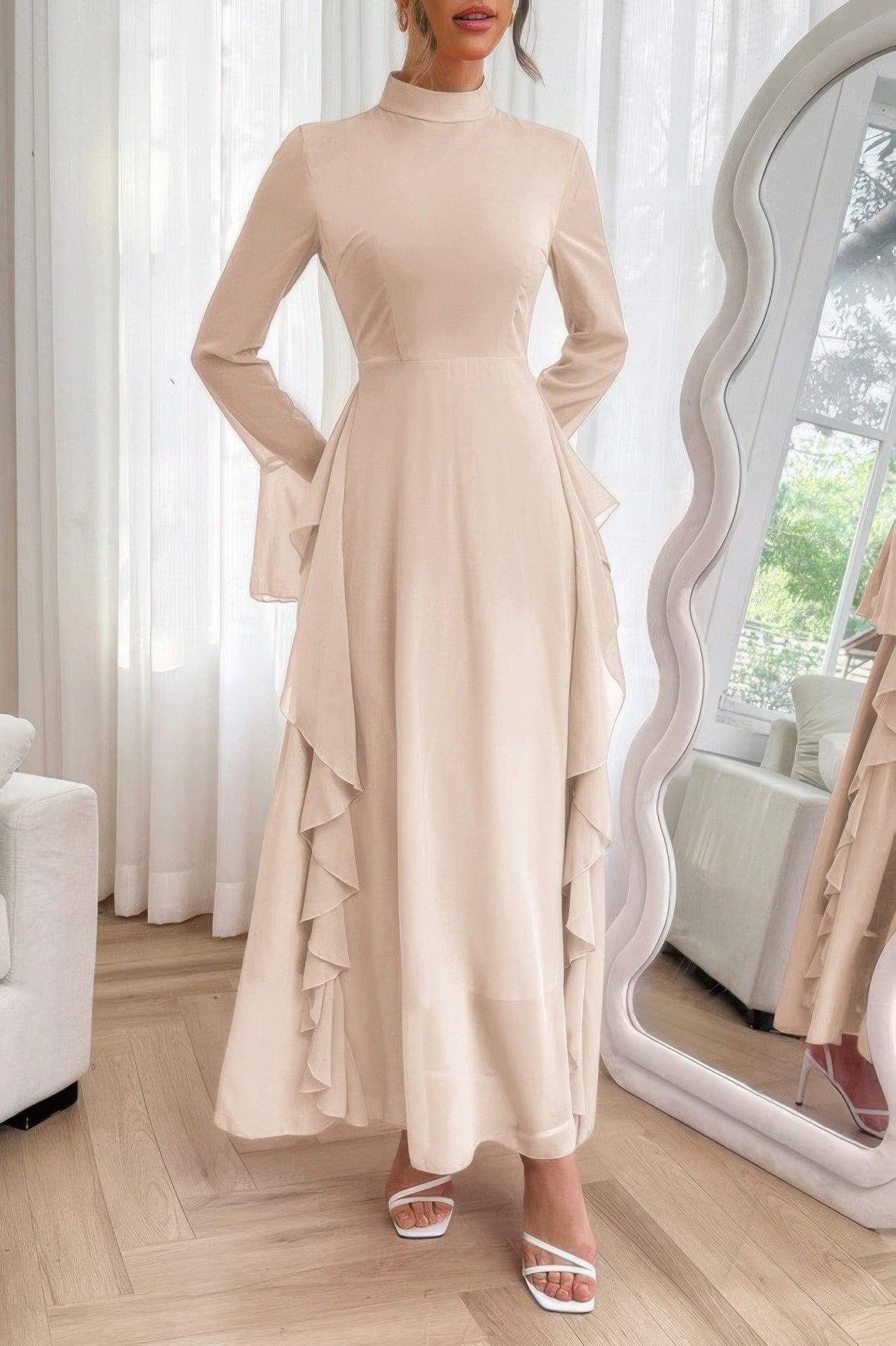 Solid Stand Collar Flare Sleeve Ruffle Full Dress