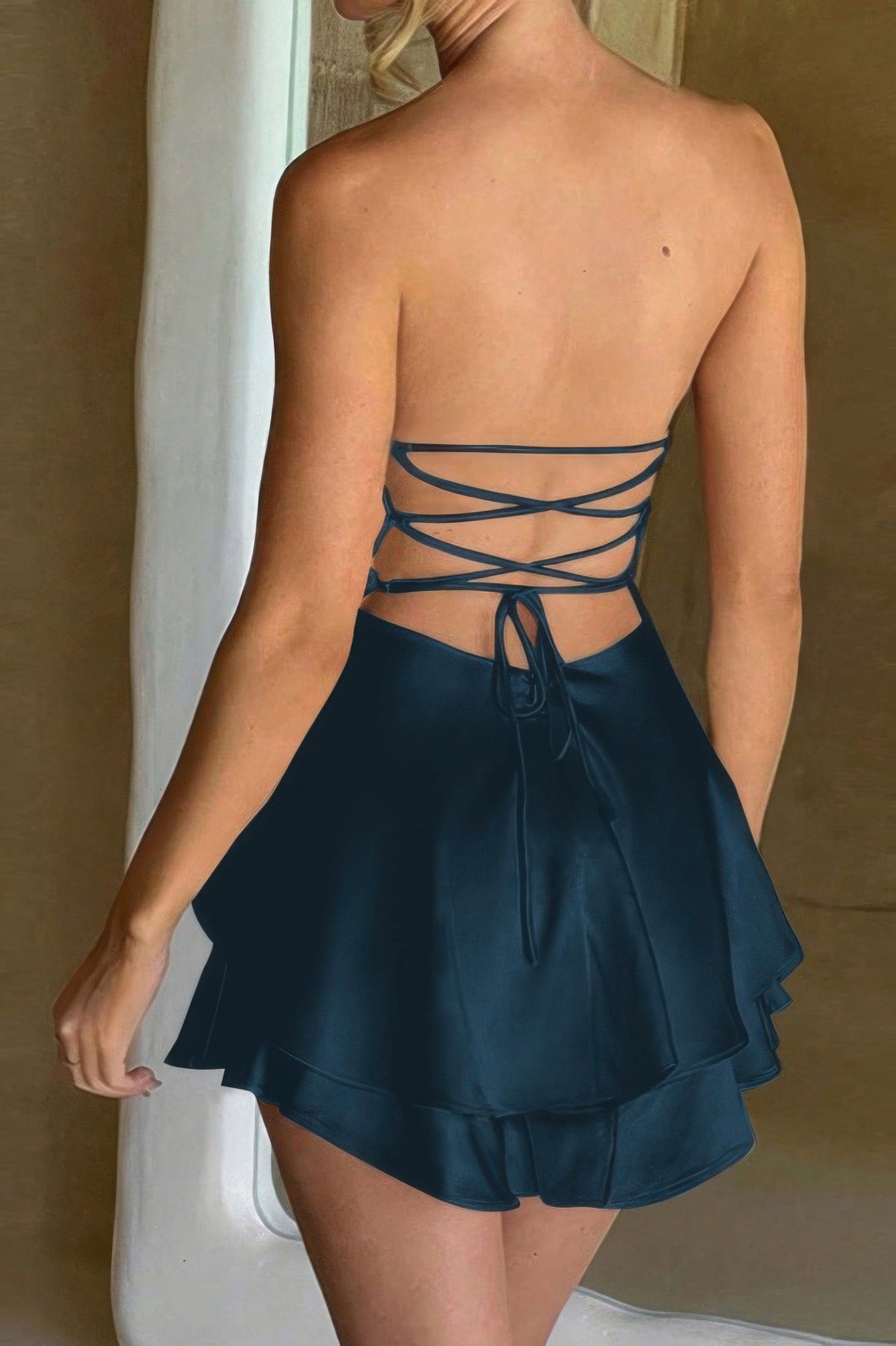 Solid Backless Lace Up Tube Fit Mini Dress