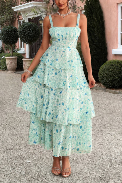 Floral Sleeveless Tie Back Tiered Full Dress
