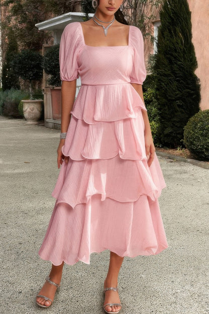 Off Shoulder Puff Short Sleeves Tiered Dress
