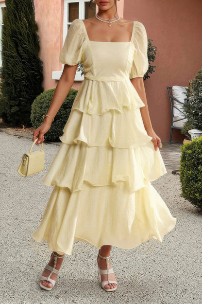 Off Shoulder Puff Short Sleeves Tiered Dress