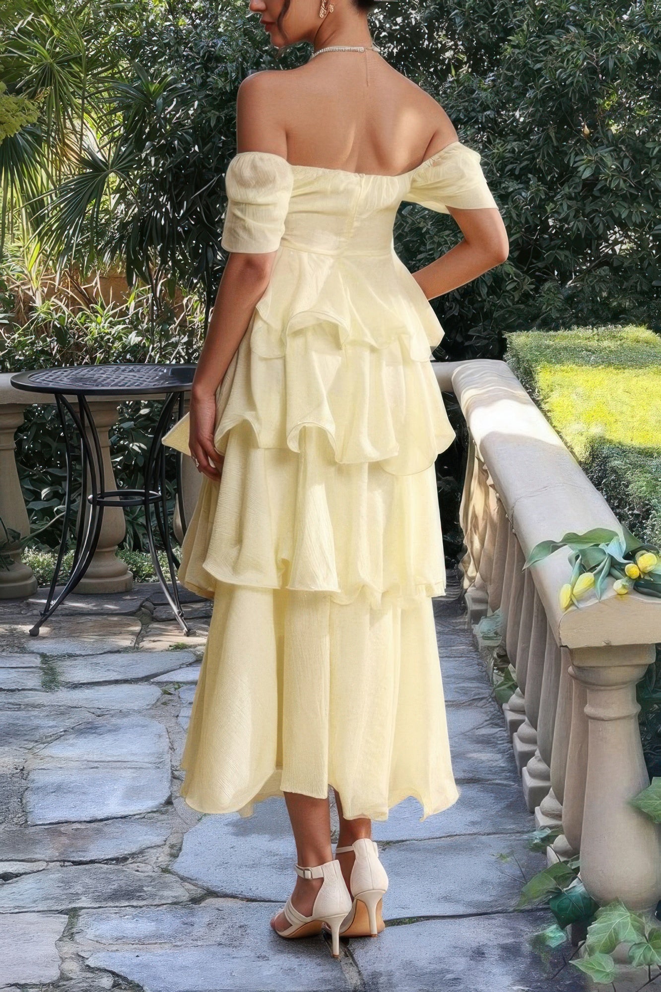Off Shoulder Puff Short Sleeves Tiered Dress