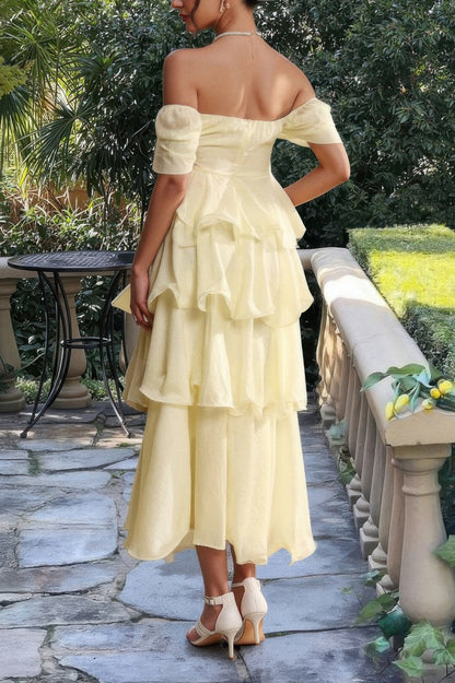 Off Shoulder Puff Short Sleeves Tiered Dress