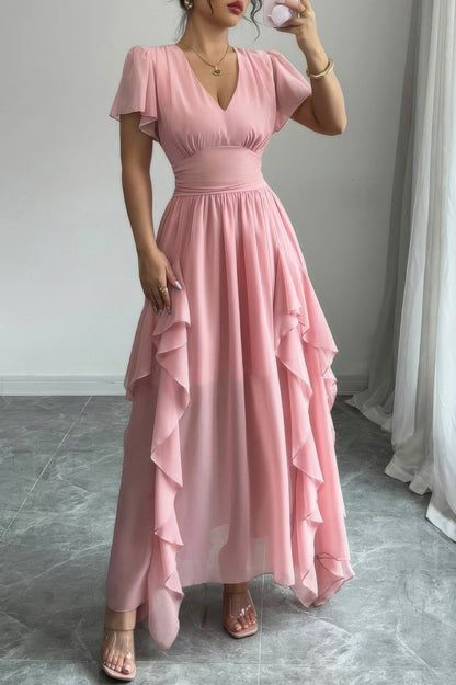 Solid V Neck High Waist Band Ruffle Hem Dress