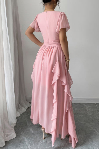 Solid V Neck High Waist Band Ruffle Hem Dress