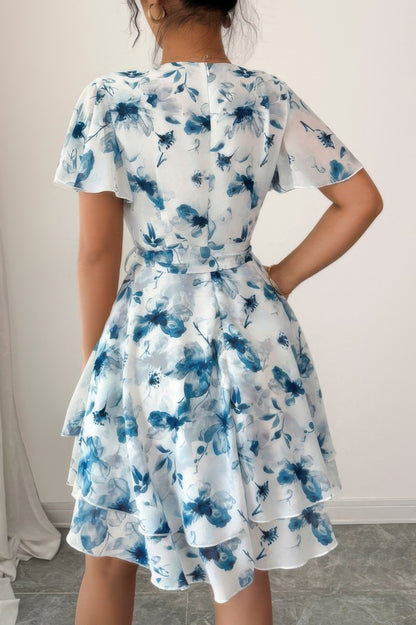 Floral V Neck Ruffle Sleeve Tie Belt Dress
