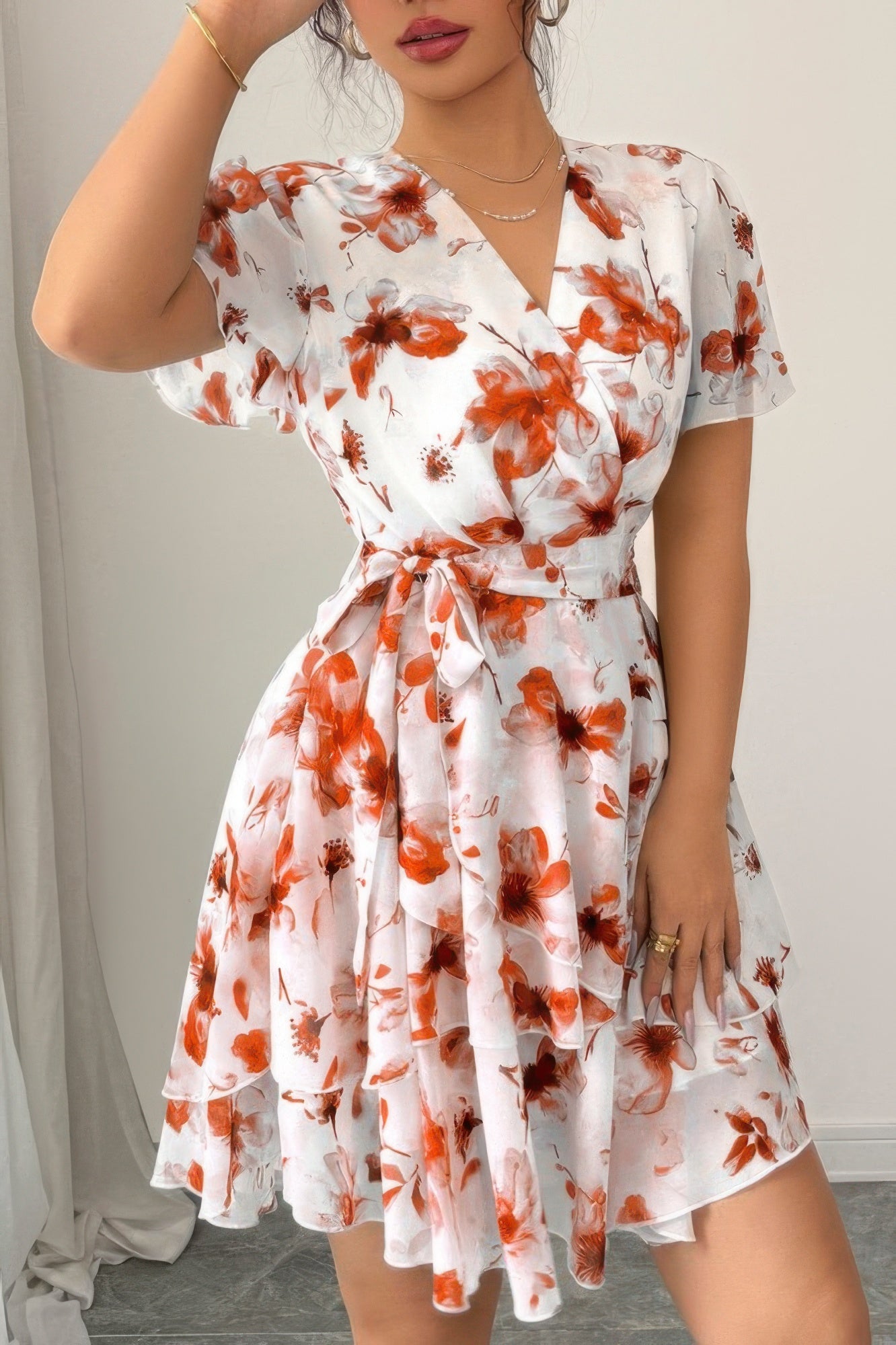 Floral V Neck Ruffle Sleeve Tie Belt Dress