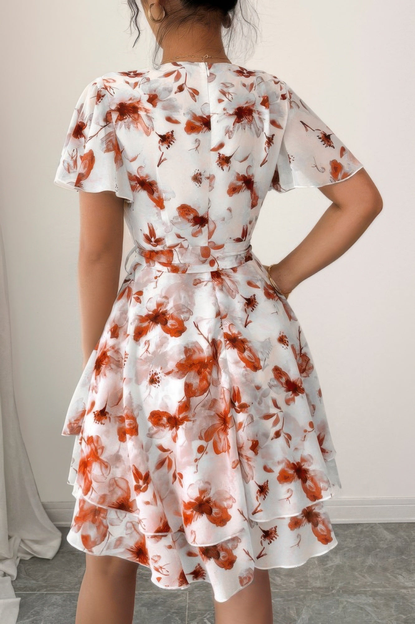 Floral V Neck Ruffle Sleeve Tie Belt Dress