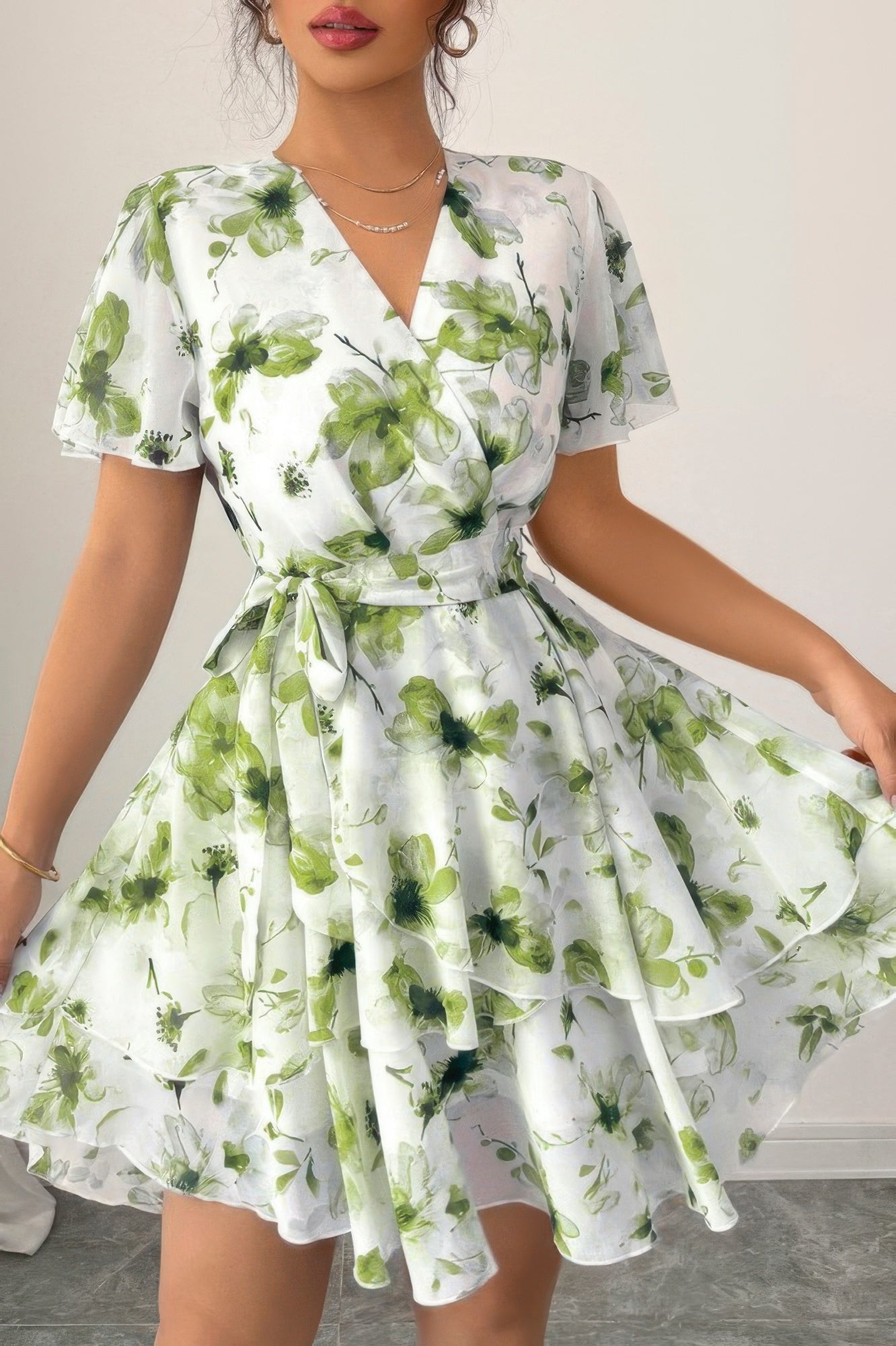 Floral V Neck Ruffle Sleeve Tie Belt Dress