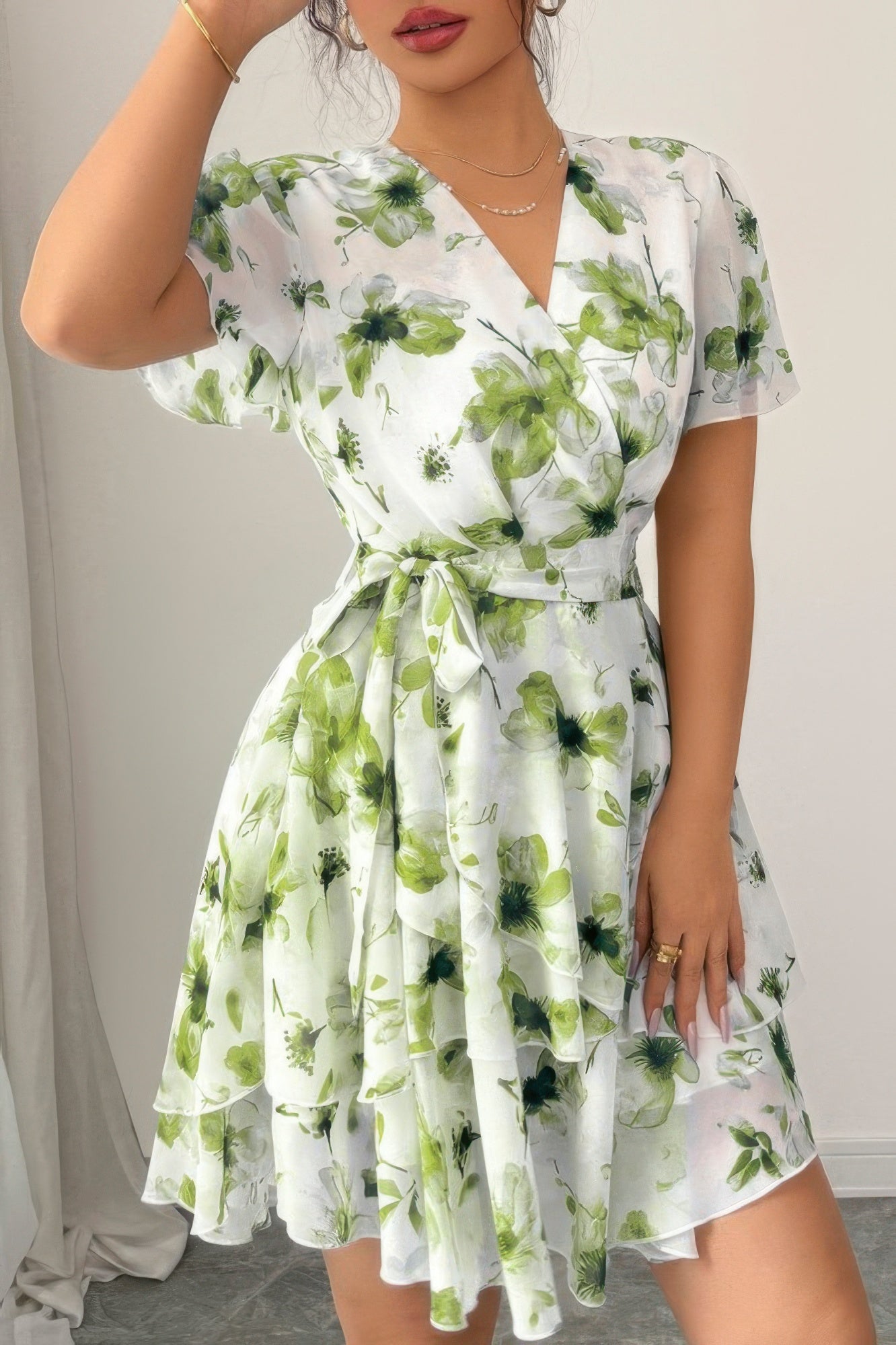 Floral V Neck Ruffle Sleeve Tie Belt Dress
