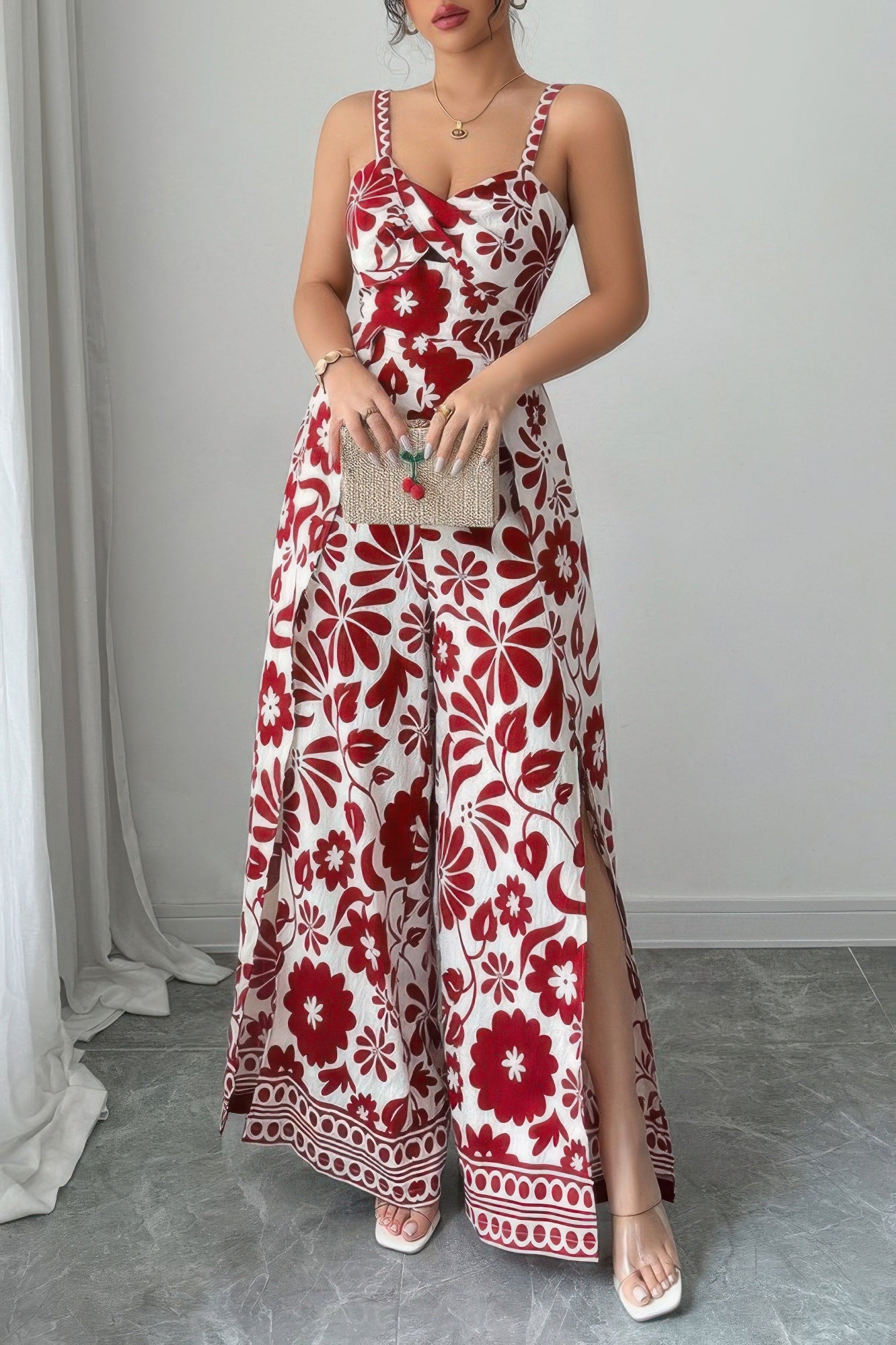 Floral Print High Waist Split Wide Leg Fit Jumpsuit
