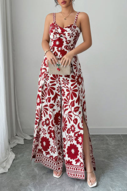 Floral Print High Waist Split Wide Leg Fit Jumpsuit