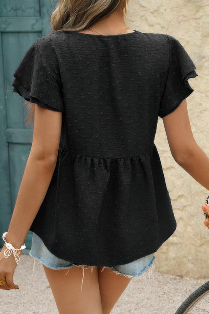 V Neck Lace Cutwork Flock Dot Ruffle Shirt