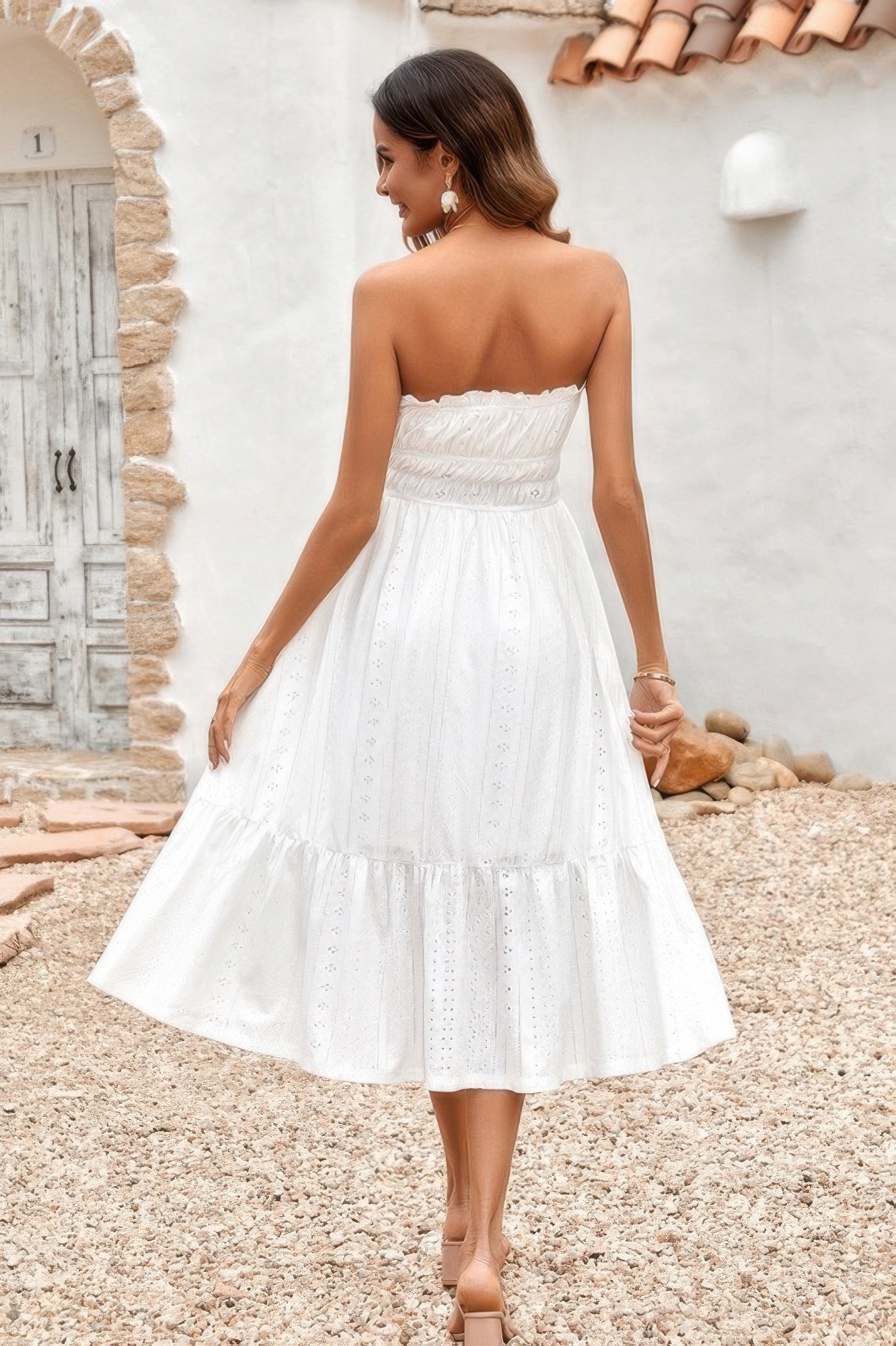 Solid Off Shoulder Elasit Waist Ruffle Dress