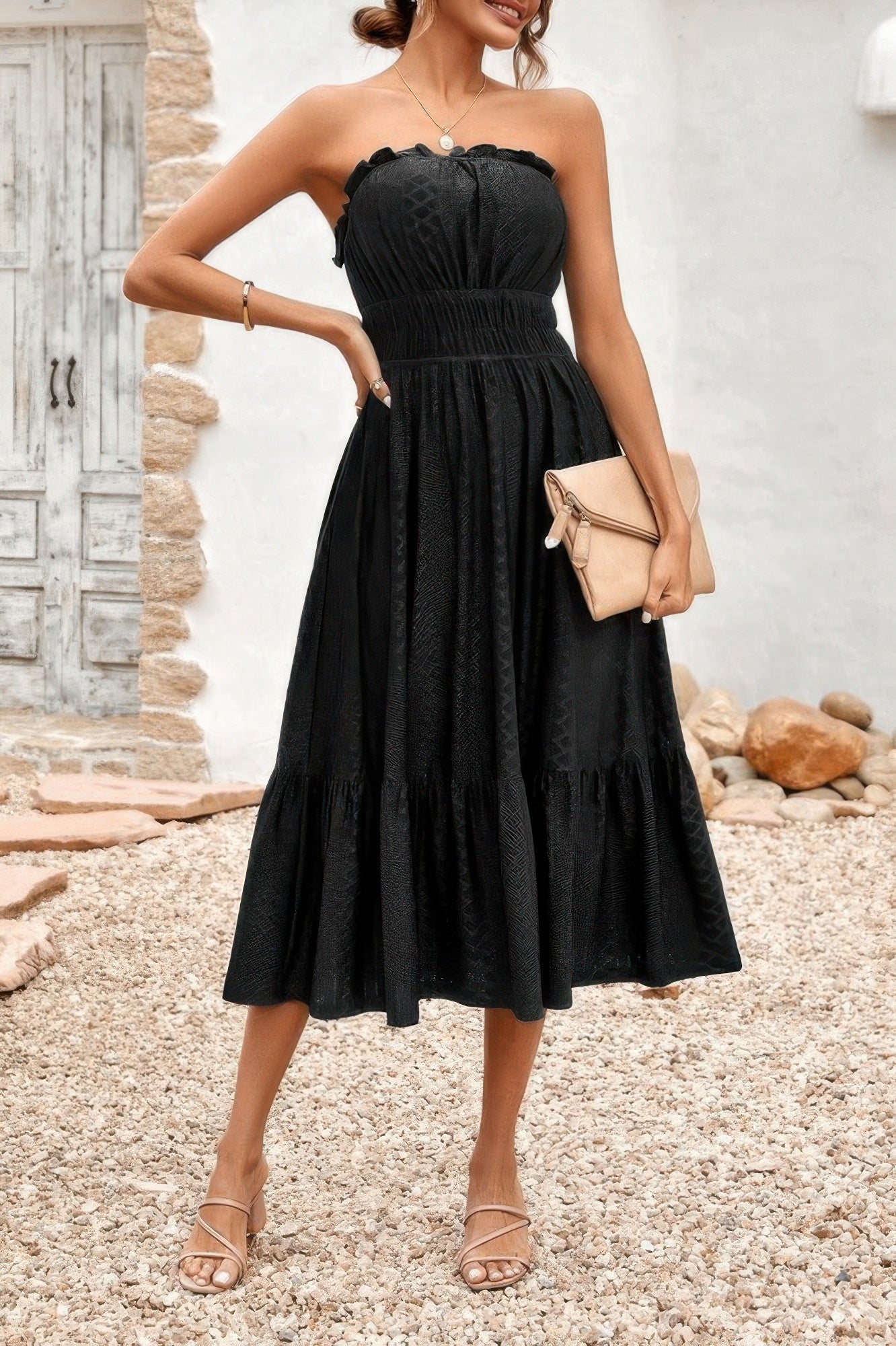 Solid Off Shoulder Elasit Waist Ruffle Dress