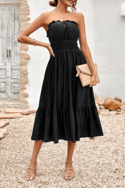 Solid Off Shoulder Elasit Waist Ruffle Dress