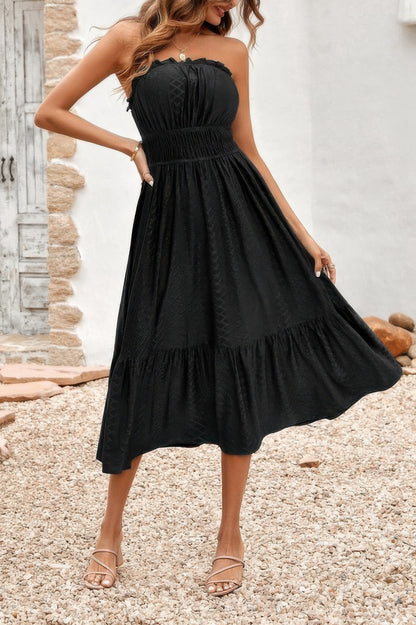 Solid Off Shoulder Elasit Waist Ruffle Dress