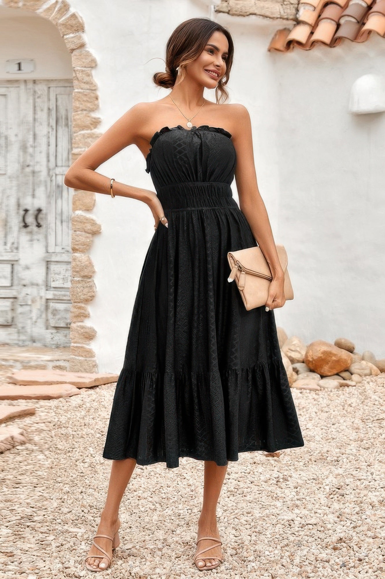 Solid Off Shoulder Elasit Waist Ruffle Dress
