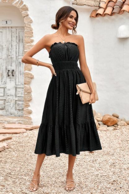 Solid Off Shoulder Elasit Waist Ruffle Dress