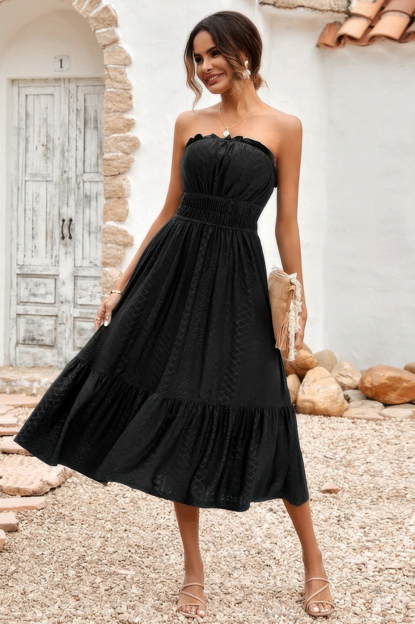 Solid Off Shoulder Elasit Waist Ruffle Dress