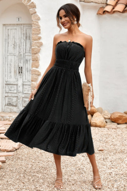 Solid Off Shoulder Elasit Waist Ruffle Dress
