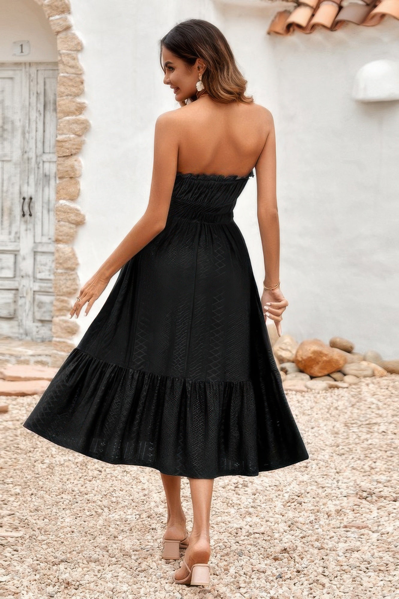 Solid Off Shoulder Elasit Waist Ruffle Dress