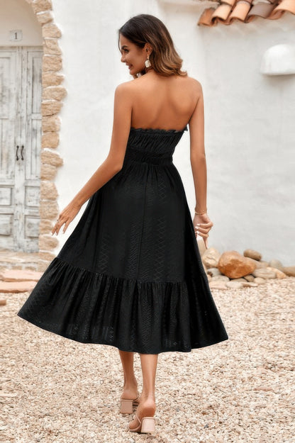 Solid Off Shoulder Elasit Waist Ruffle Dress