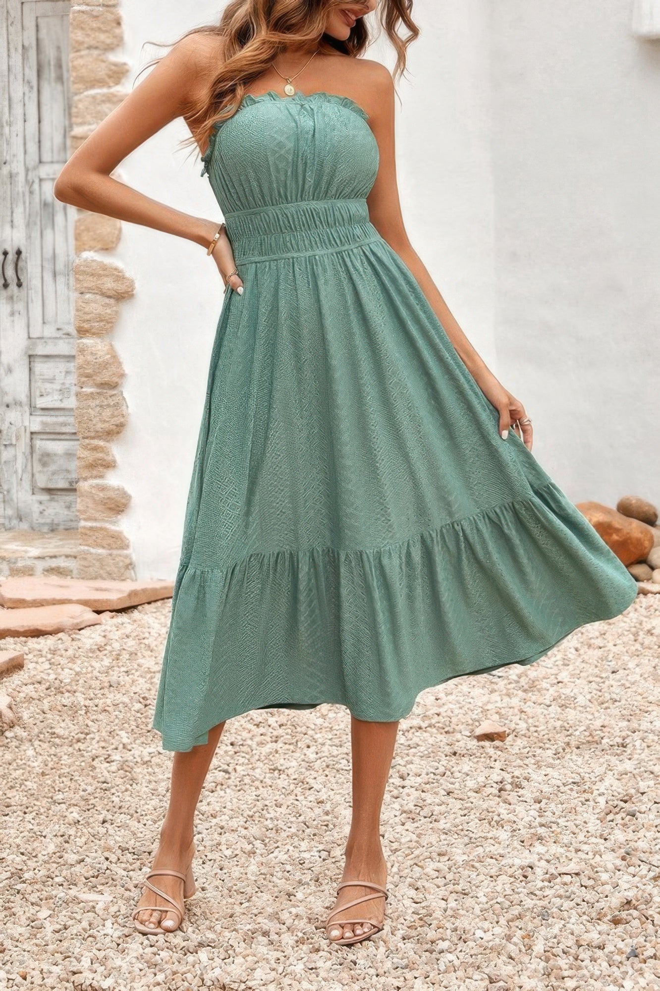 Solid Off Shoulder Elasit Waist Ruffle Dress
