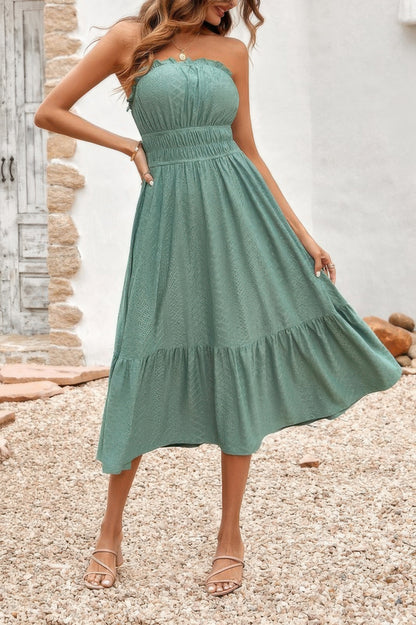 Solid Off Shoulder Elasit Waist Ruffle Dress