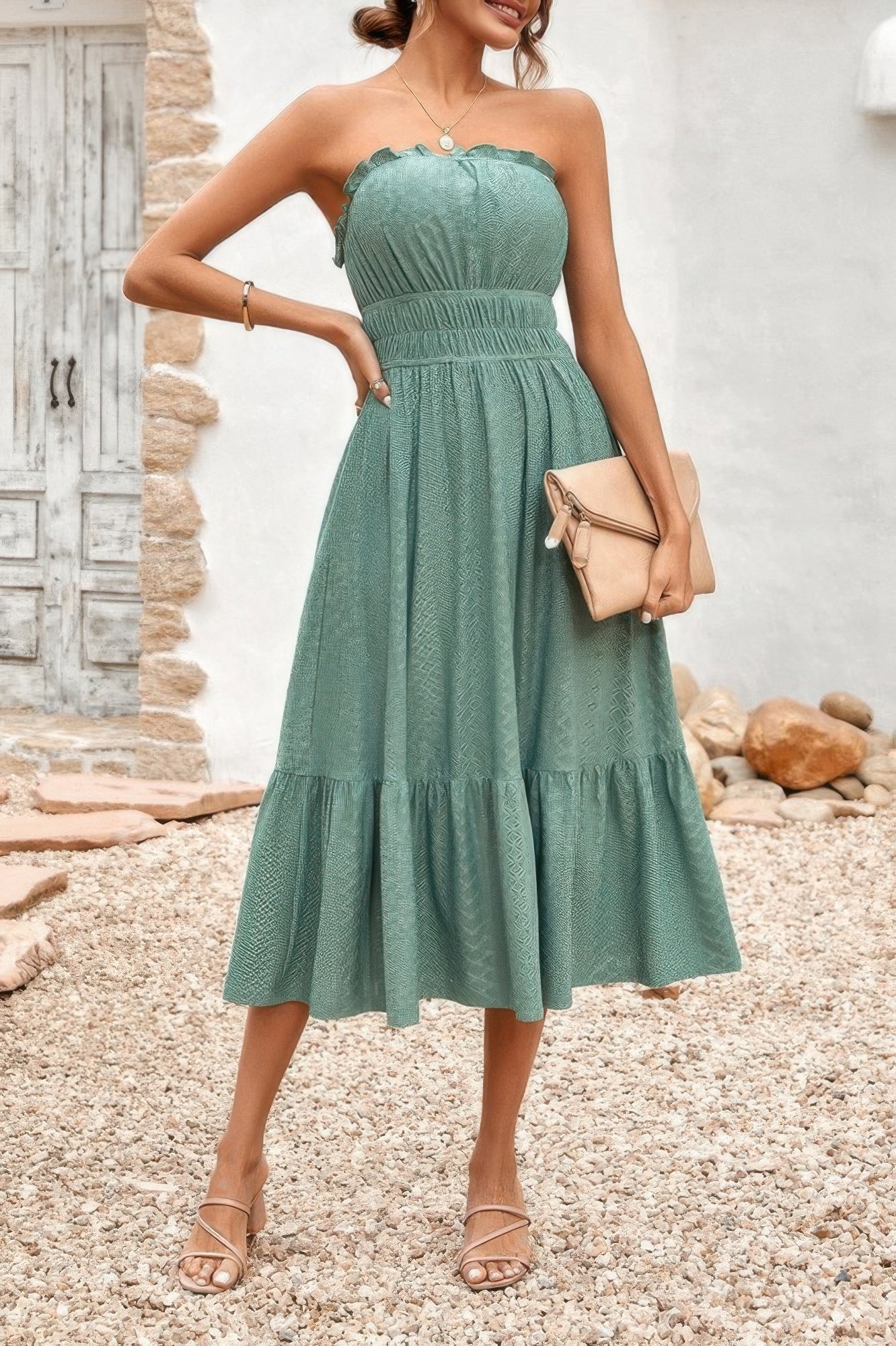 Solid Off Shoulder Elasit Waist Ruffle Dress