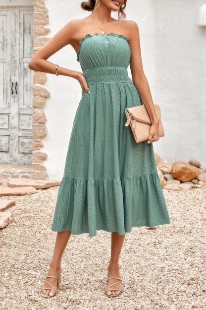 Solid Off Shoulder Elasit Waist Ruffle Dress