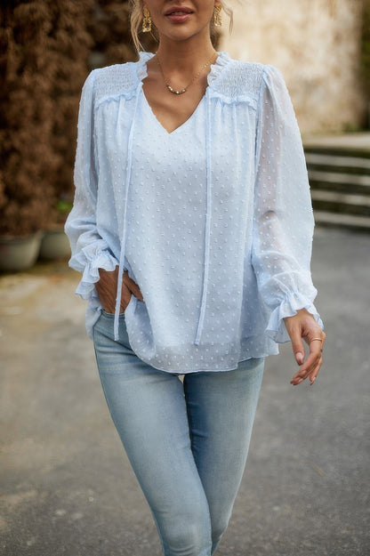 Swiss Dot Ruched Shoulder Hem Ruffle Blouse