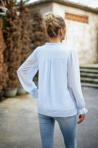Swiss Dot Ruched Shoulder Hem Ruffle Blouse