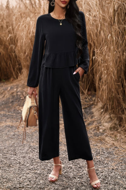 Two Pieces Button Back Ruffle Plain Pocket Sets