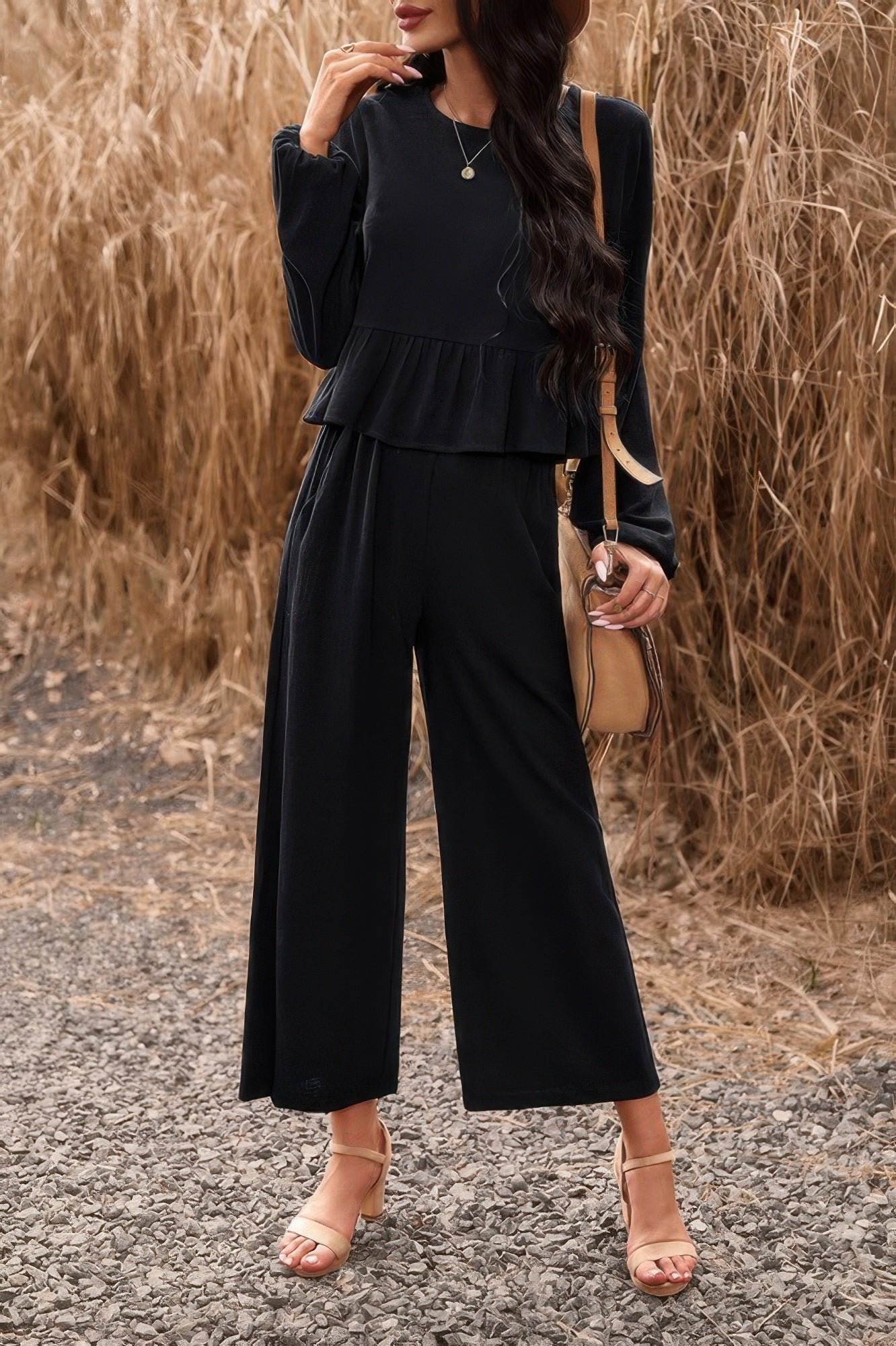 Two Pieces Button Back Ruffle Plain Pocket Sets