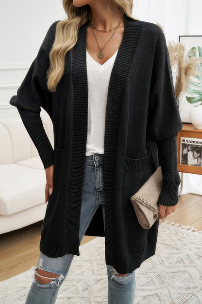Knit Open Front Bishop Sleeves Pockets Cardigan