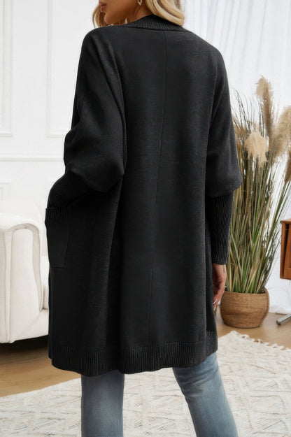 Knit Open Front Bishop Sleeves Pockets Cardigan