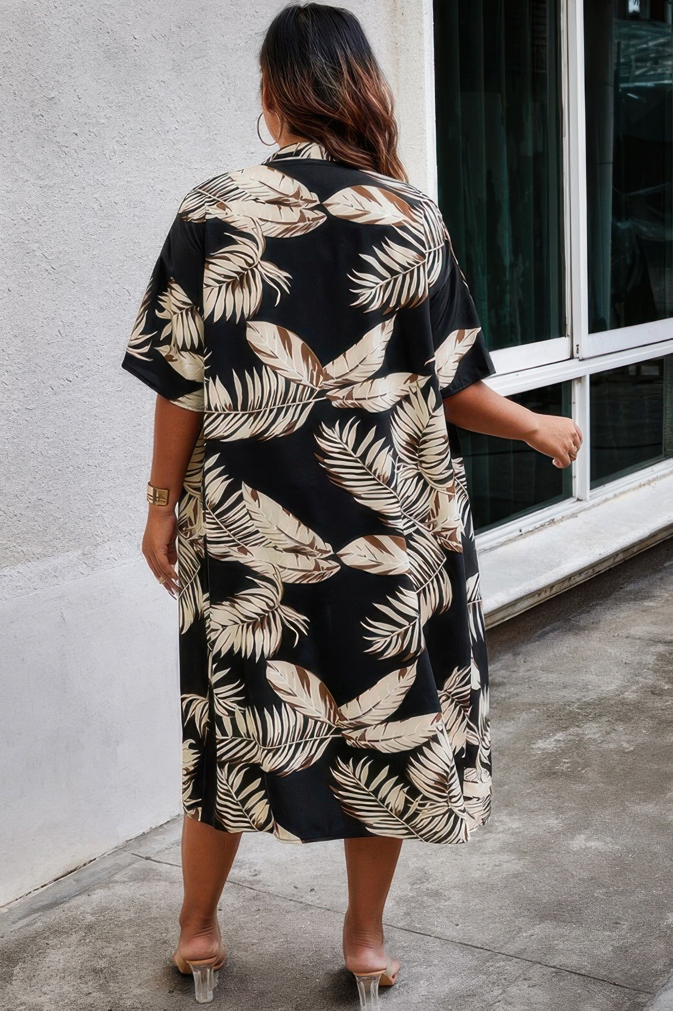 Plus Leaf Print Pockets Elastic Waist Shorts Sets
